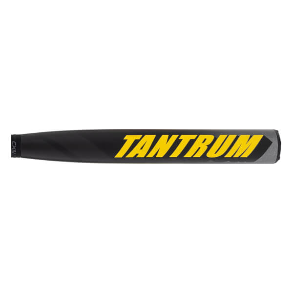 Side view of a black softball bat with yellow TANTRUM text, a gray barrel end, and CXN marking.