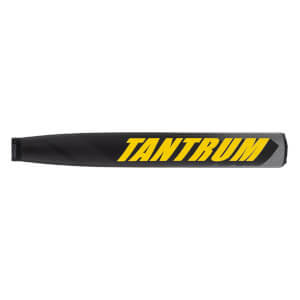 Side view of a black softball bat with yellow TANTRUM text, a gray barrel end, and CXN marking.