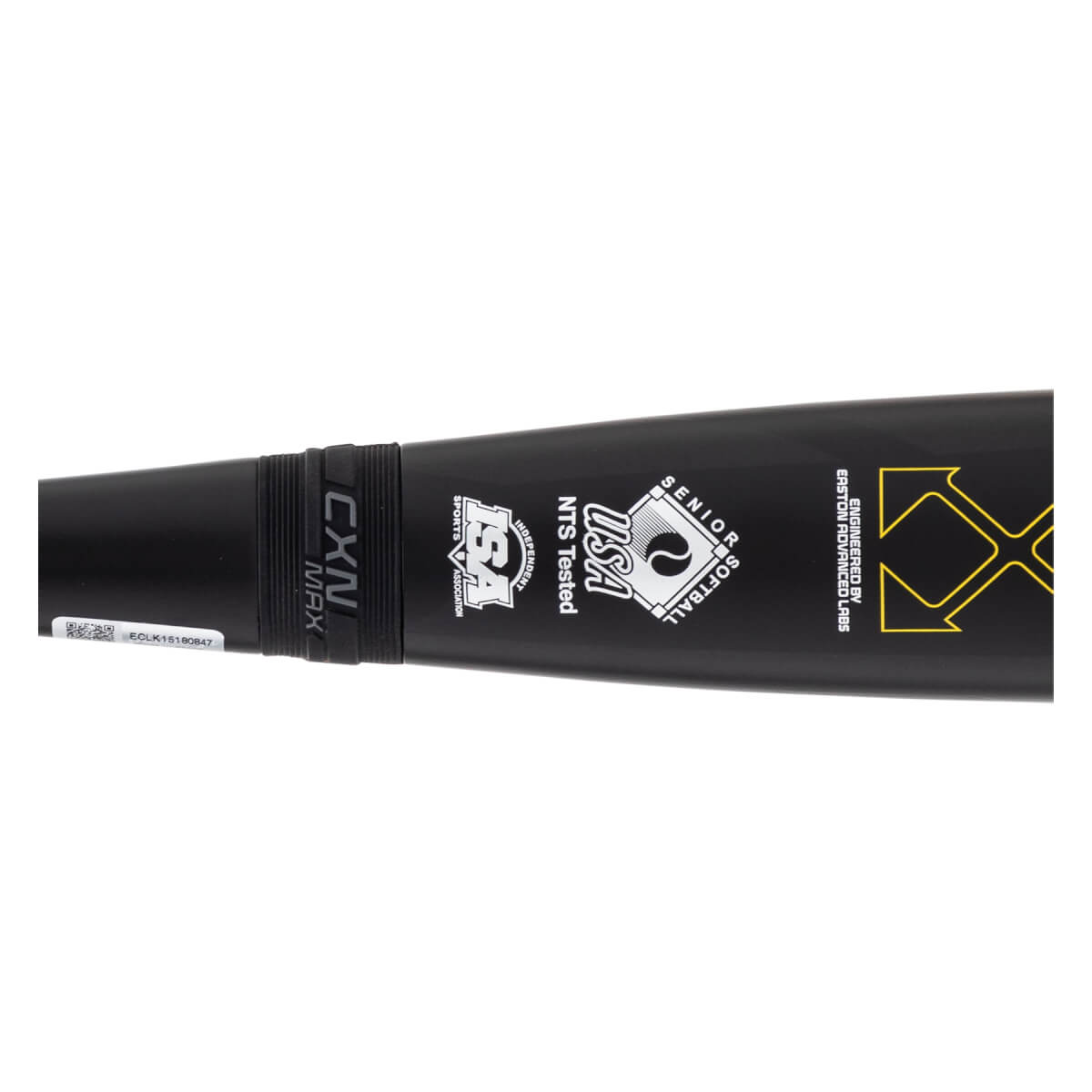 Close-up of the mid-section of a black softball bat showing CXN MAX, USA Senior Softball logo, and yellow XX graphic.
