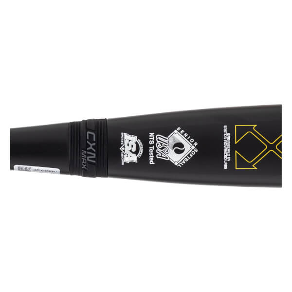 Close-up of the mid-section of a black softball bat showing CXN MAX, USA Senior Softball logo, and yellow XX graphic.