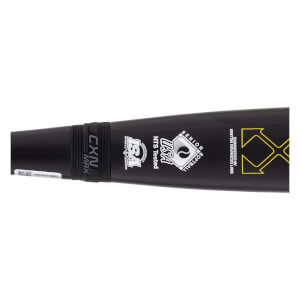 Close-up of the mid-section of a black softball bat showing CXN MAX, USA Senior Softball logo, and yellow XX graphic.
