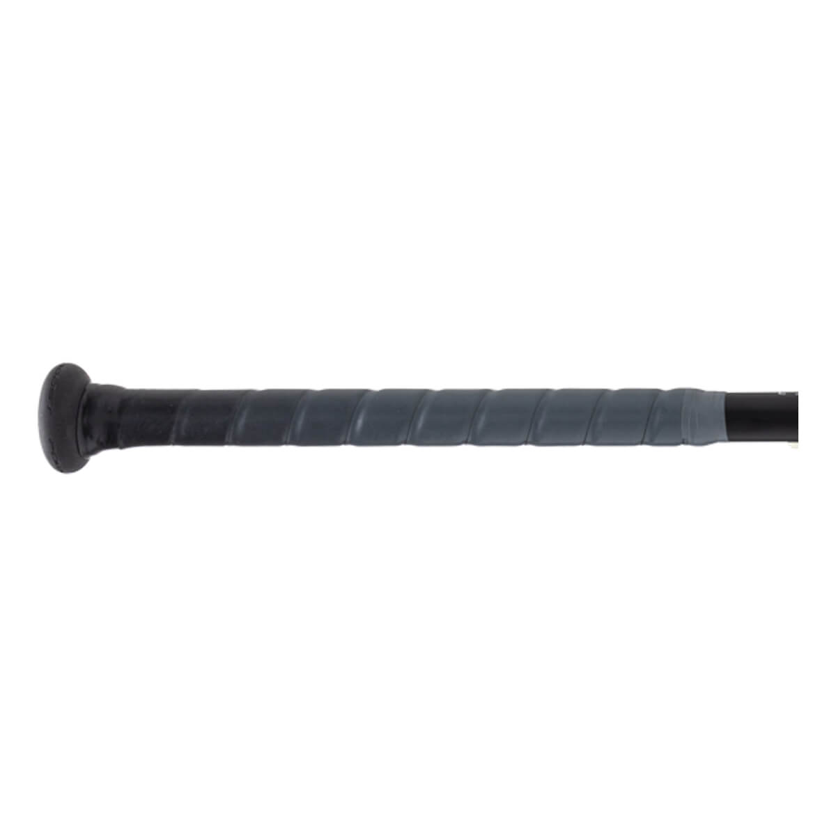 Close-up side view of a black and dark gray bat with a black knob and a spiral-wrapped dark gray grip.
