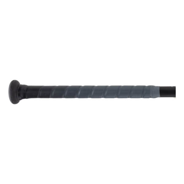 Close-up side view of a black and dark gray bat with a black knob and a spiral-wrapped dark gray grip.