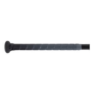 Close-up side view of a black and dark gray bat with a black knob and a spiral-wrapped dark gray grip.
