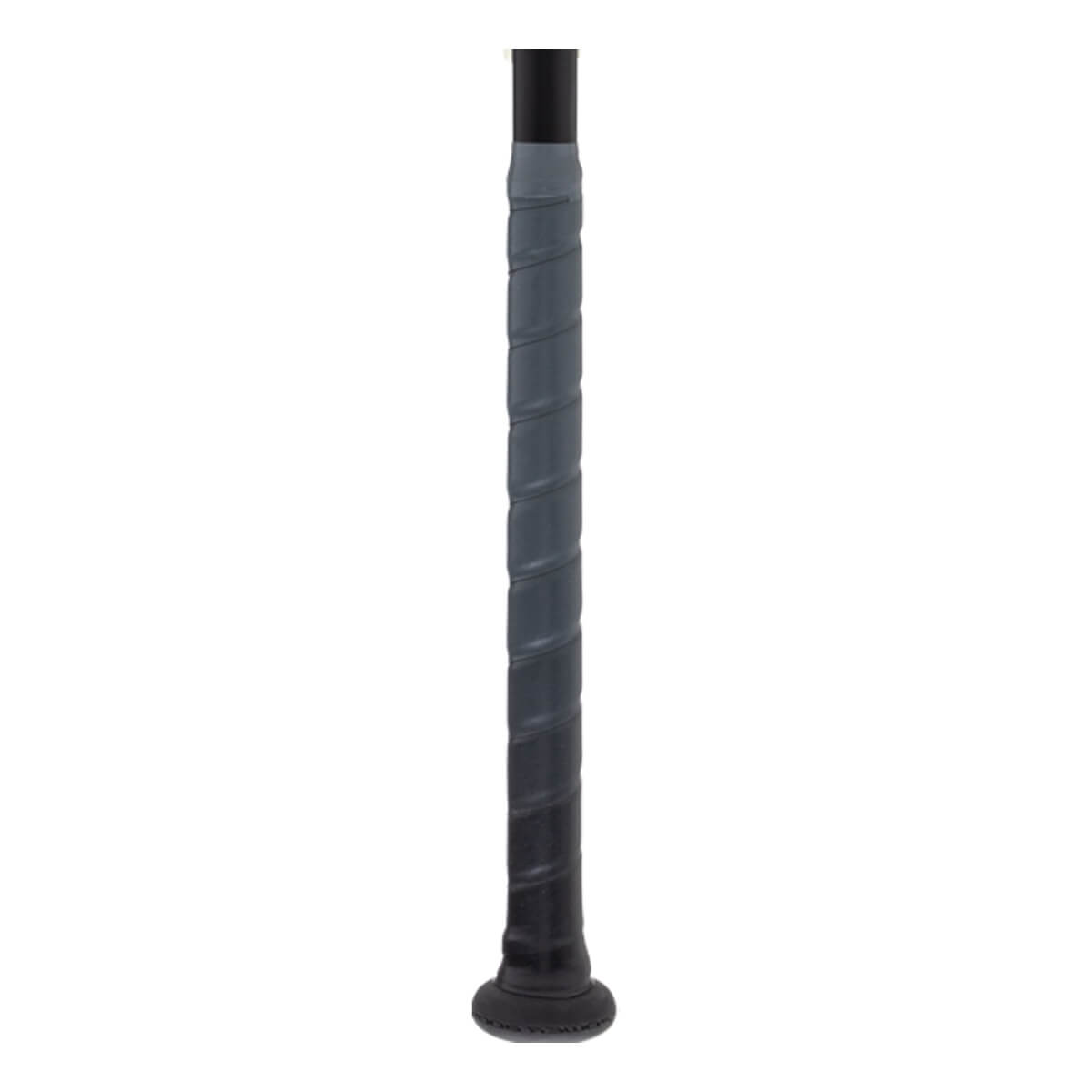 Close-up of a dark gray softball bat handle with a spiraled grip and a black knob.