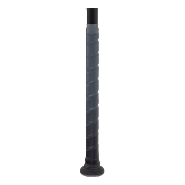Close-up of a dark gray softball bat handle with a spiraled grip and a black knob.