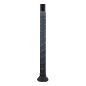 Close-up of a dark gray softball bat handle with a spiraled grip and a black knob.