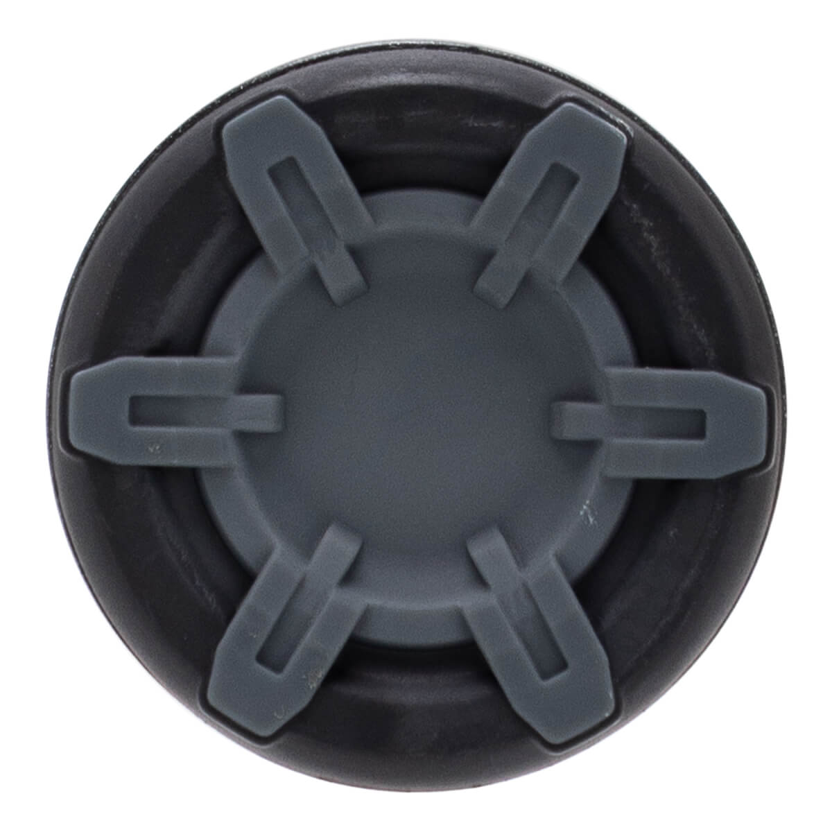 End cap view of a two-tone gray bat end cap with a circular shape and a raised six-pronged star design.