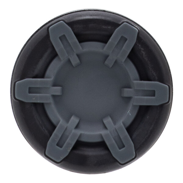 End cap view of a two-tone gray bat end cap with a circular shape and a raised six-pronged star design.