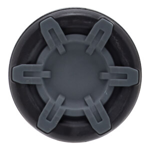 End cap view of a two-tone gray bat end cap with a circular shape and a raised six-pronged star design.
