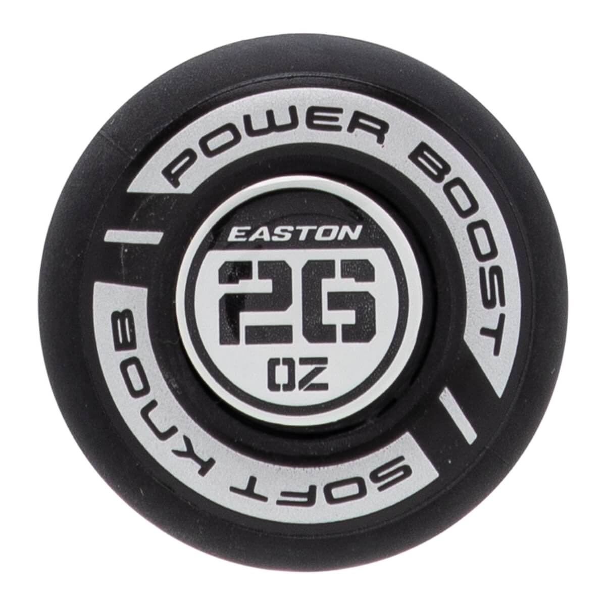 Close-up of a black softball bat end cap with EASTON 26 OZ and POWER BOOST SOFT KNOB text in white.