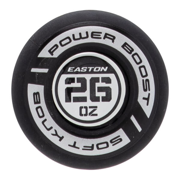 Close-up of a black softball bat end cap with EASTON 26 OZ and POWER BOOST SOFT KNOB text in white.