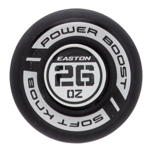 Close-up of a black softball bat end cap with EASTON 26 OZ and POWER BOOST SOFT KNOB text in white.
