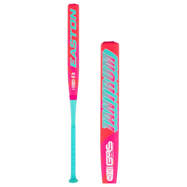 Side view of a neon pink and teal softball bat, with a close-up of the barrel showing EASTON and TANTRUM branding.