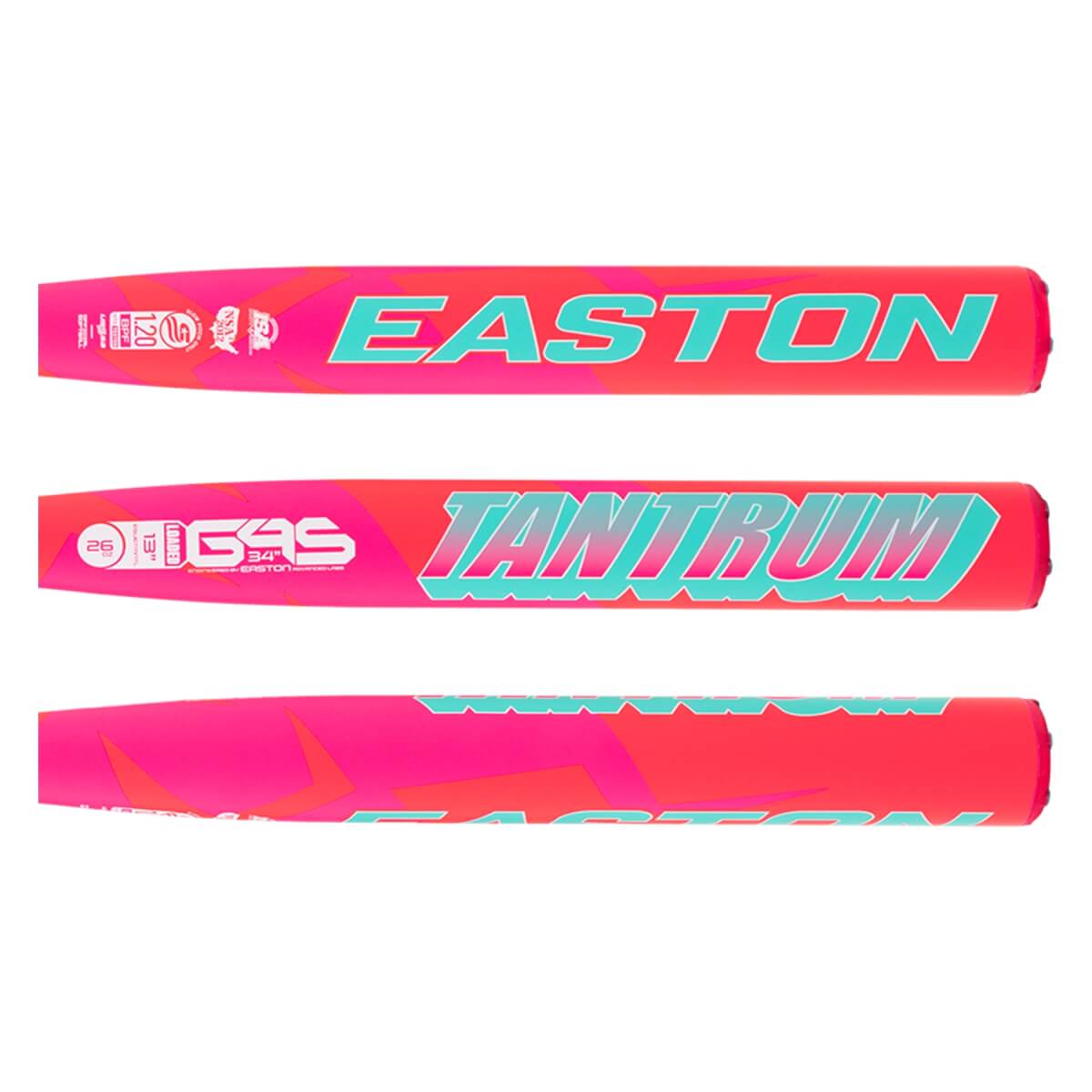 Full graphic view of a neon pink and orange softball bat with teal EASTON and TANTRUM lettering, and USSSA stamp.