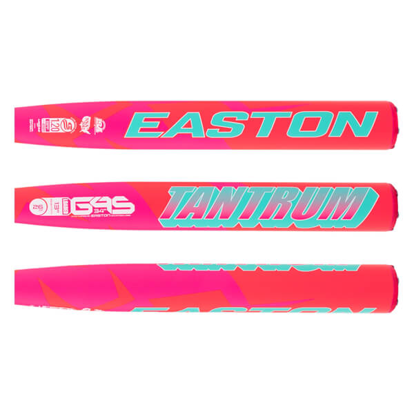 Full graphic view of a neon pink and orange softball bat with teal EASTON and TANTRUM lettering, and USSSA stamp.