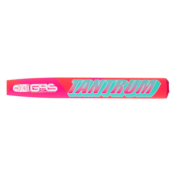 Side view of a pink and orange softball bat with large teal Tantrum text and G4S Easton branding.