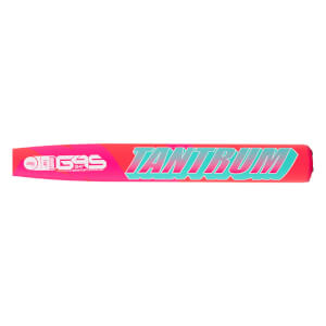 Side view of a pink and orange softball bat with large teal Tantrum text and G4S Easton branding.