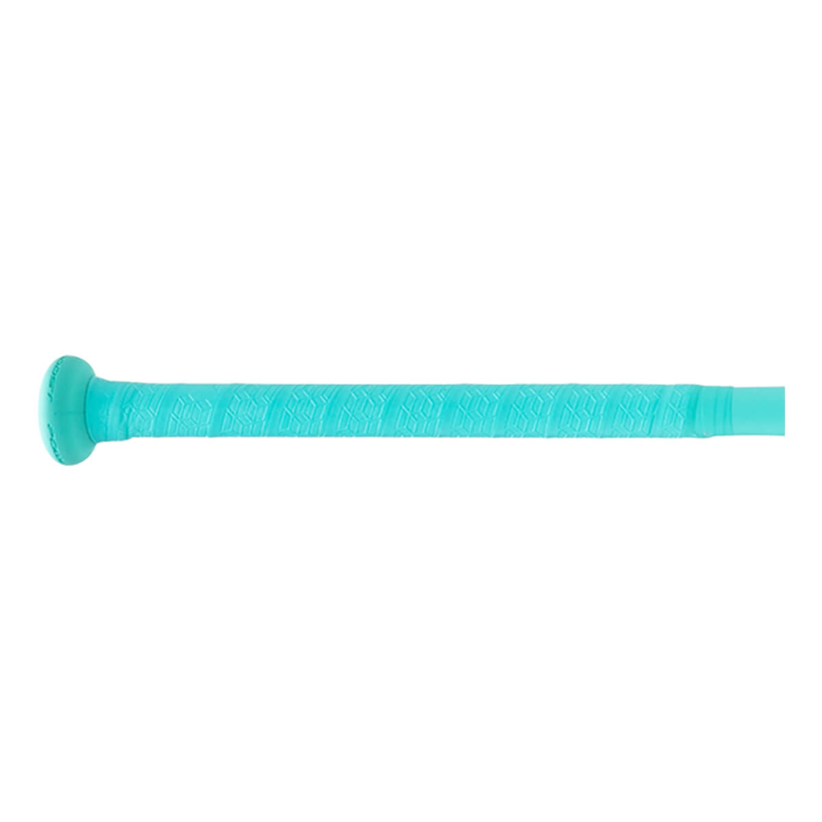 Side view of a teal softball bat handle with a geometric textured grip and knob.