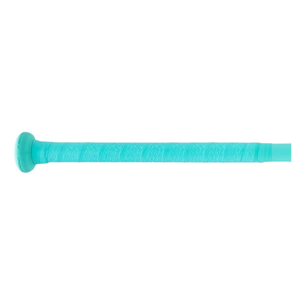 Side view of a teal softball bat handle with a geometric textured grip and knob.