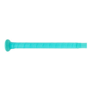 Side view of a teal softball bat handle with a geometric textured grip and knob.
