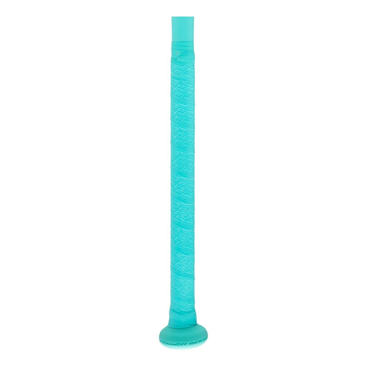 Close-up of the teal bat handle with a textured grip pattern and a flared knob.