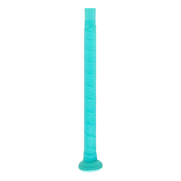 Close-up of the teal bat handle with a textured grip pattern and a flared knob.