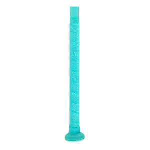 Close-up of the teal bat handle with a textured grip pattern and a flared knob.