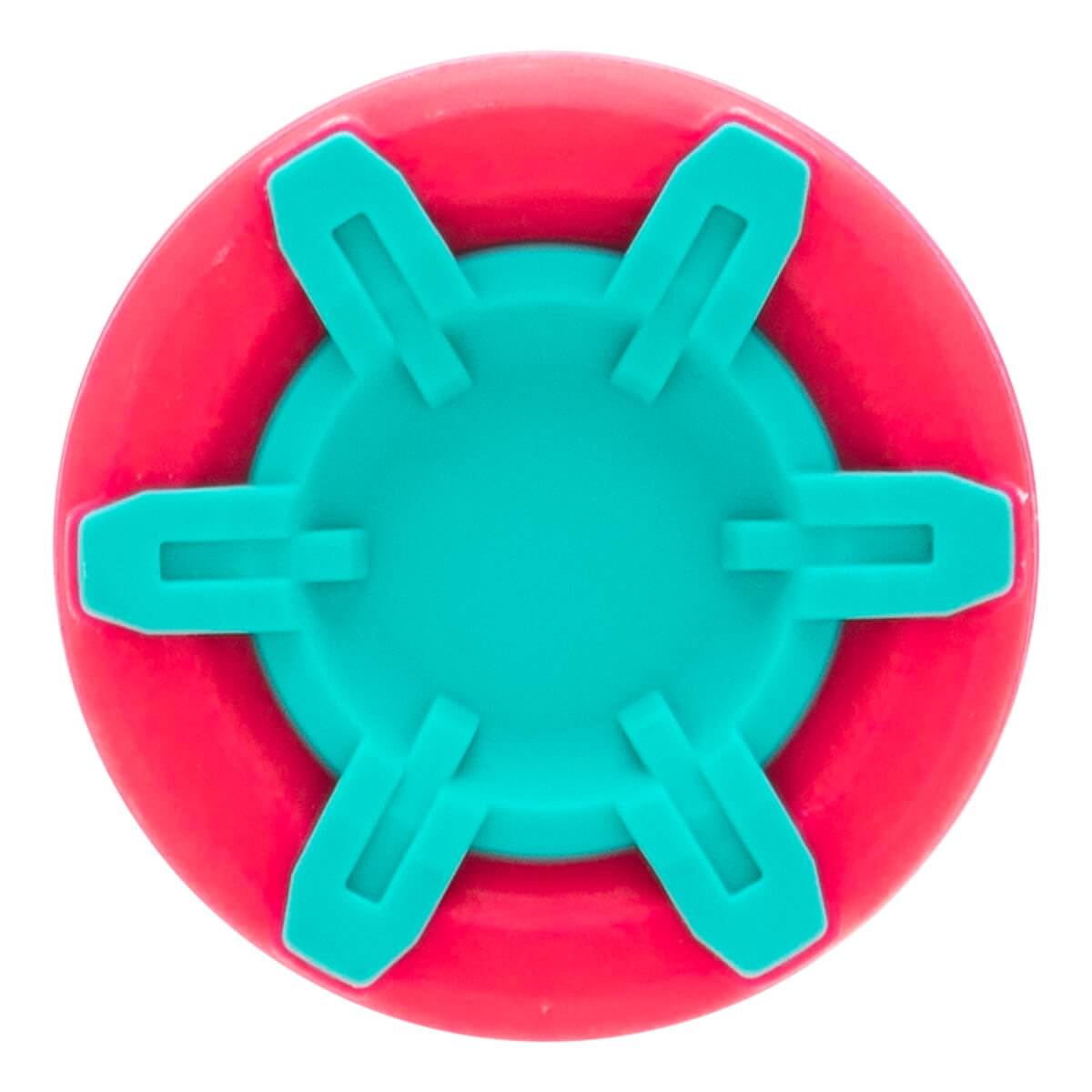 Top-down view of a pink and teal bat end cap with a central teal circle and six paddle-like segments.