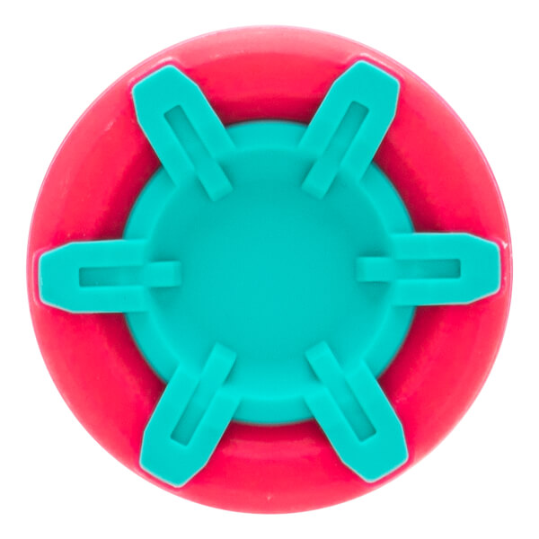 Top-down view of a pink and teal bat end cap with a central teal circle and six paddle-like segments.