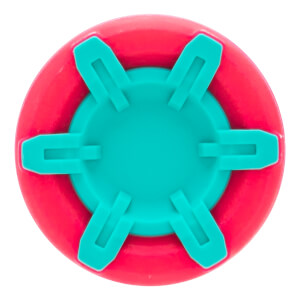 Top-down view of a pink and teal bat end cap with a central teal circle and six paddle-like segments.