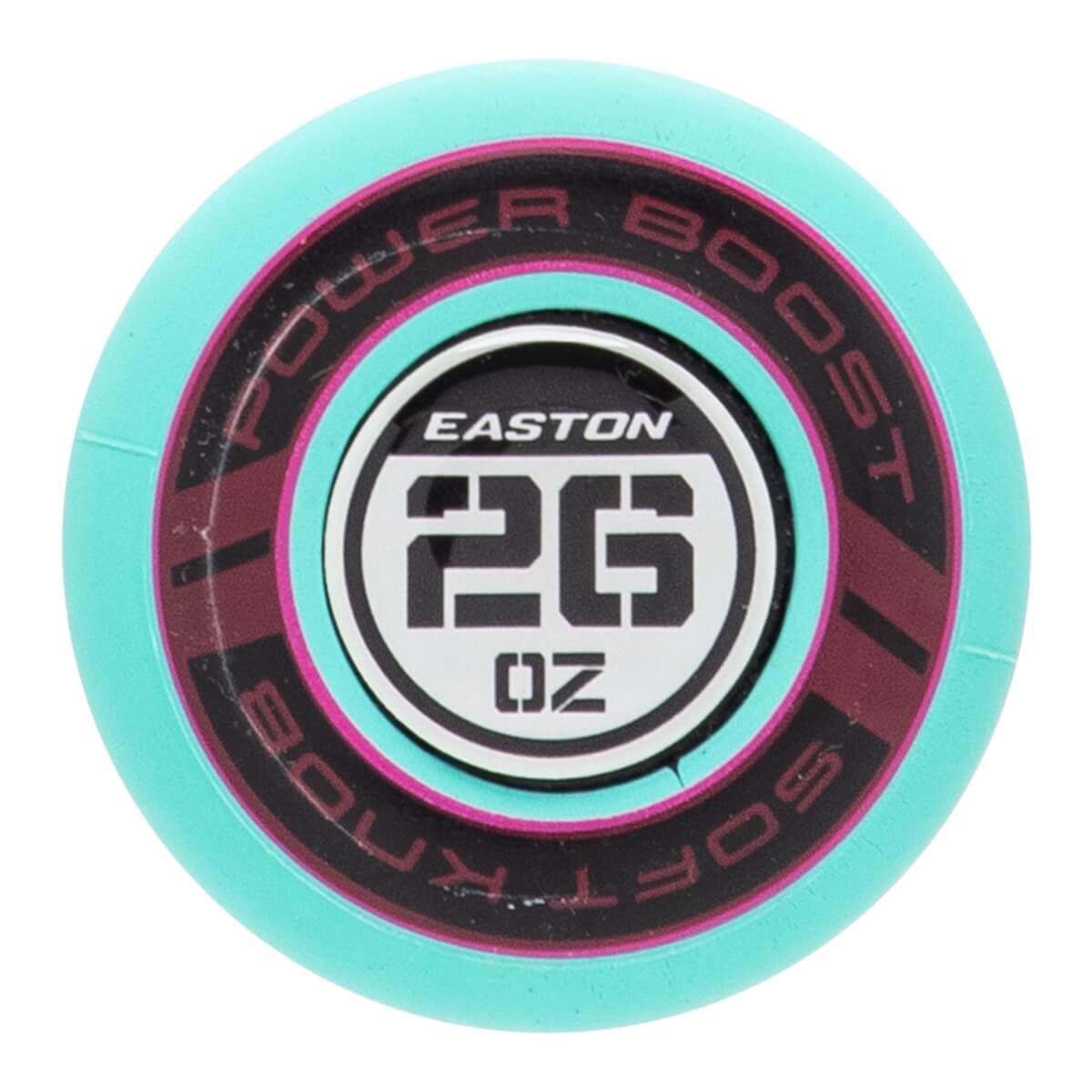 Top-down view of a teal and black softball bat end cap with EASTON 26 OZ and POWER BOOST SOFT KNOB text.