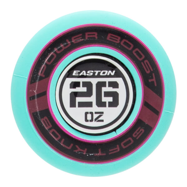 Top-down view of a teal and black softball bat end cap with EASTON 26 OZ and POWER BOOST SOFT KNOB text.