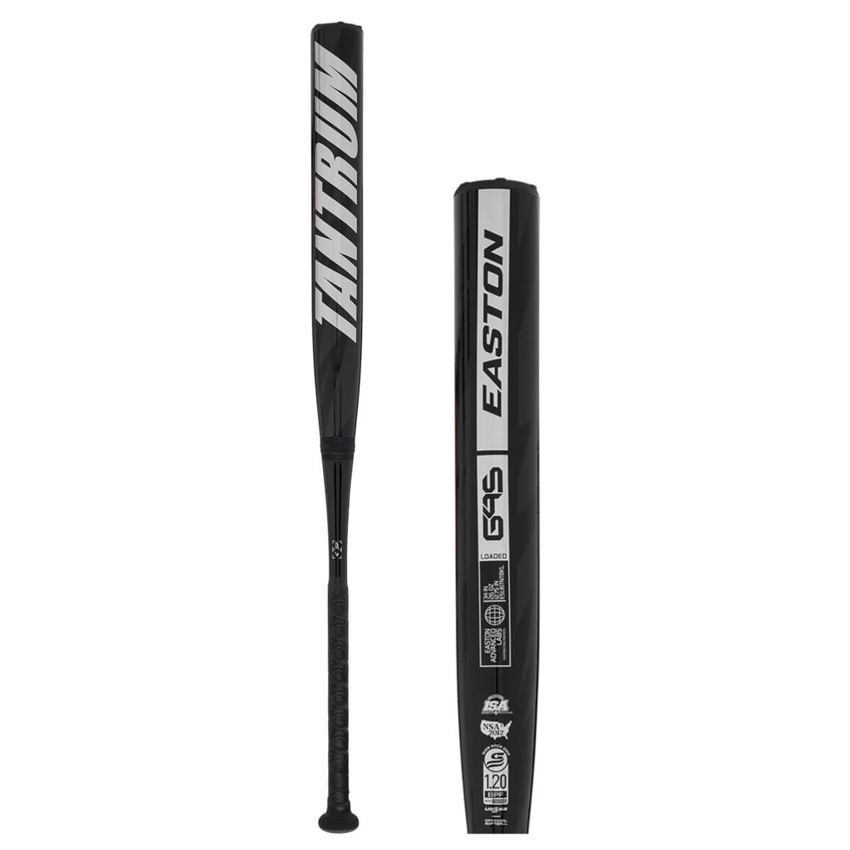 Side view of a black Easton Tantrum baseball bat with white lettering and a textured grip.