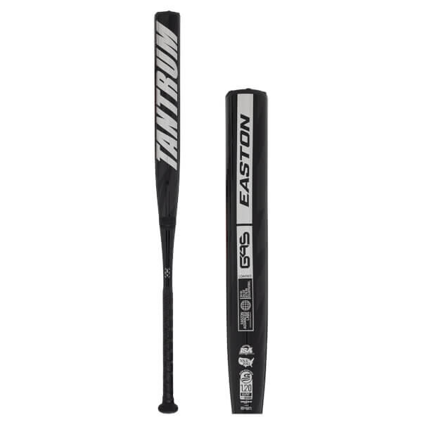 Side view of a black Easton Tantrum baseball bat with white lettering and a textured grip.