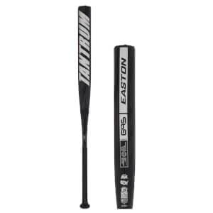 Side view of a black Easton Tantrum baseball bat with white lettering and a textured grip.