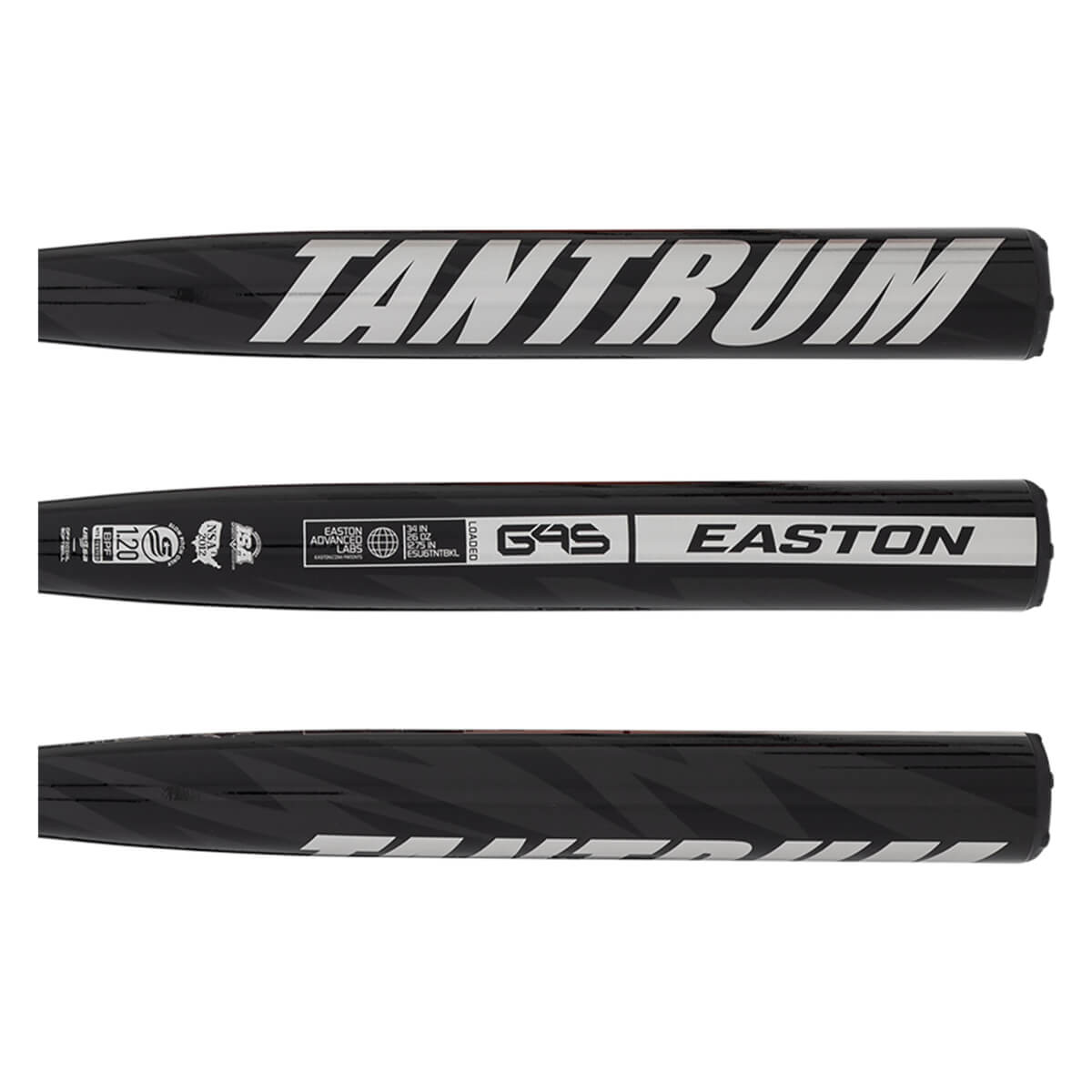 Top view of a black baseball bat with "TANTRUM" in large silver letters and "EASTON" in smaller silver letters.