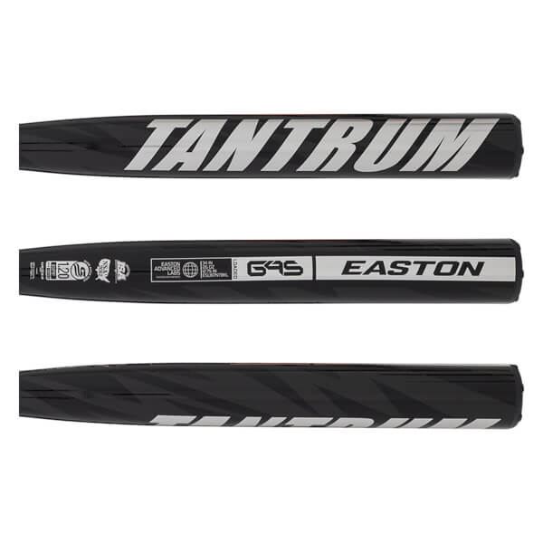 Top view of a black baseball bat with "TANTRUM" in large silver letters and "EASTON" in smaller silver letters.