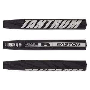 Top view of a black baseball bat with "TANTRUM" in large silver letters and "EASTON" in smaller silver letters.