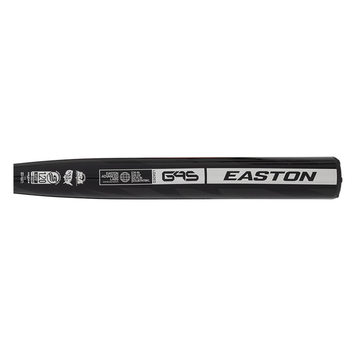 Side view of a black Easton G4S baseball bat with white lettering and various certification logos.