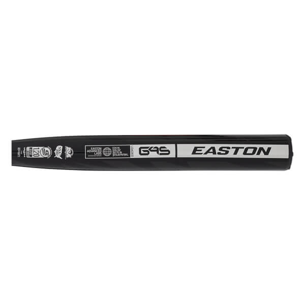 Side view of a black Easton G4S baseball bat with white lettering and various certification logos.