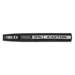 Side view of a black Easton G4S baseball bat with white lettering and various certification logos.