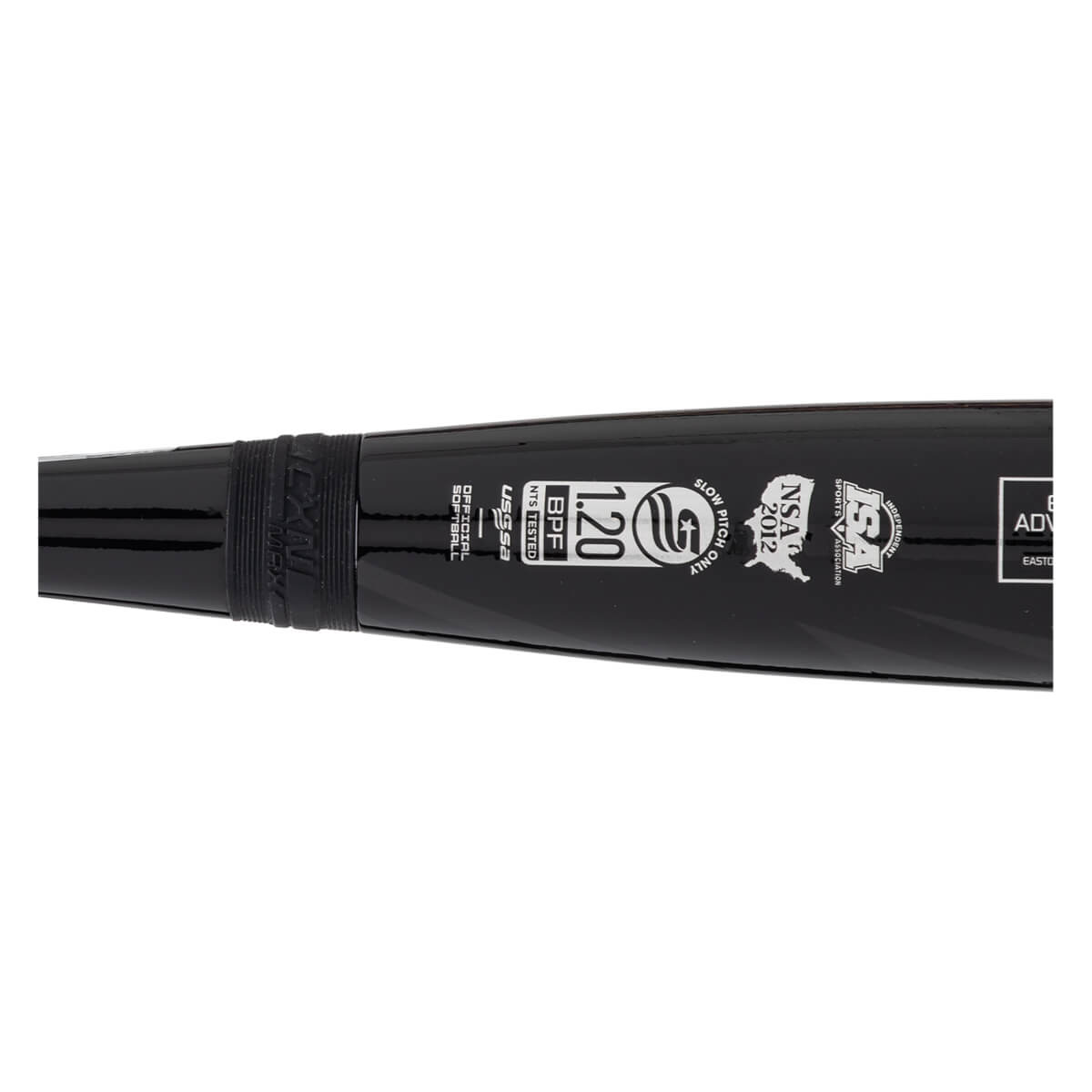 Close-up of a black baseball bat showing "USSSA", "1.20 BPF", and "NSA 2012" logos.