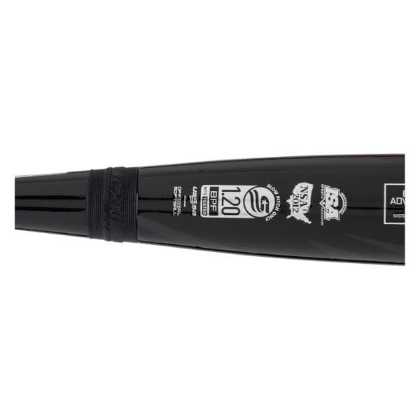 Close-up of a black baseball bat showing "USSSA", "1.20 BPF", and "NSA 2012" logos.