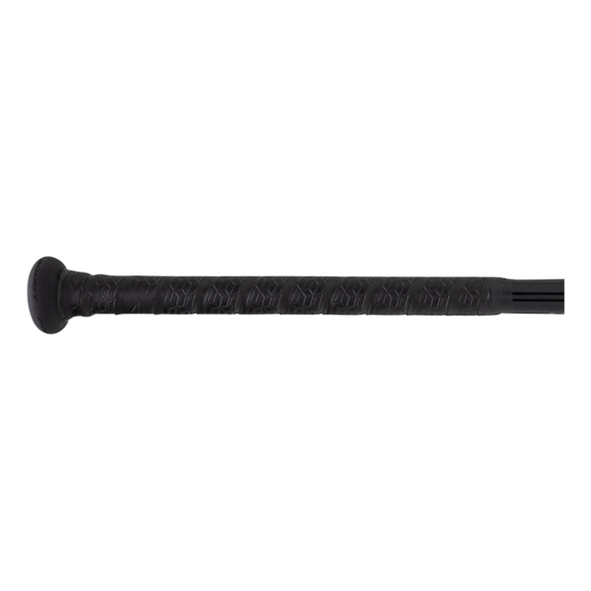Side view of a black baseball bat with a textured grip and a rounded knob.