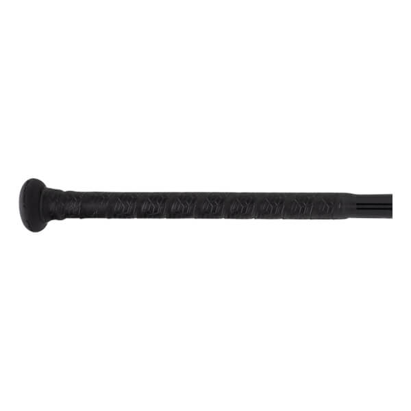 Side view of a black baseball bat with a textured grip and a rounded knob.