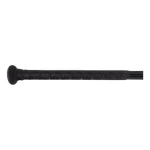 Side view of a black baseball bat with a textured grip and a rounded knob.