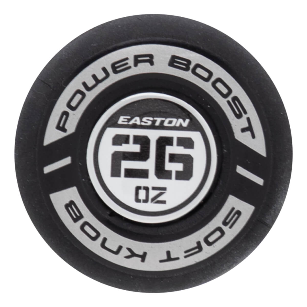 Top-down view of a black bat knob with "EASTON 26 OZ" and "POWER BOOST SOFT KNOB" text.