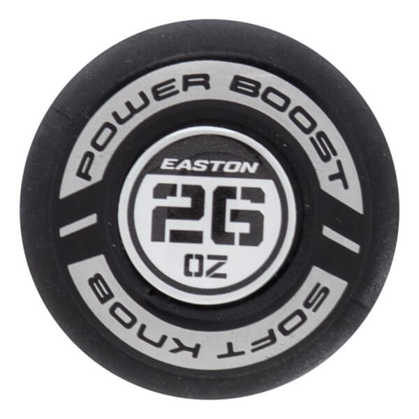 Top-down view of a black bat knob with "EASTON 26 OZ" and "POWER BOOST SOFT KNOB" text.