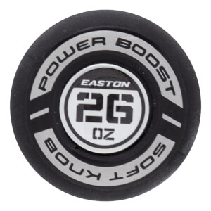 Top-down view of a black bat knob with "EASTON 26 OZ" and "POWER BOOST SOFT KNOB" text.